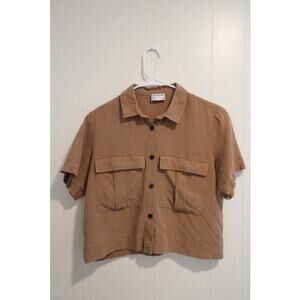 Frank and Oak Womens Brown Boxy Cropped Button Up Size Small